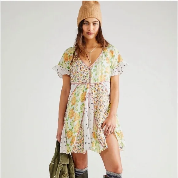 NWT Free People Wildflower Patchwork Mini Dress Medium - Picture 3 of 13